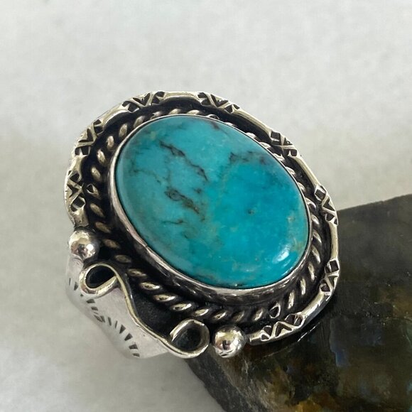 VTG Sterling Silver 925 Hemerson Brown Navajo Oval Bezel Set Turquoise Ring Sz 8 - Picture 5 of 16